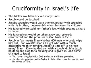 Jacob and the conflict continues -3
• The struggle continues with his sons
– Struggles between loved and unloved wives spill
over to loved and unloved sons
– The favored son, Joseph, bring a bad report on
the shepherding behavior of his brothers
– Jacob gives Joseph a fancy special coat (of many
colors) and it drives his brothers nuts with envy
– And they capture Joseph, plan on killing him
• Judah intervenes and suggests selling them
• A band of Ishmaelites (yes more relatives) buy Joseph
and the special child is not ‘history’ is a seized on
opportunity
 