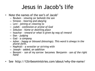 Cruciformity in Israel’s life
• The tricker would be tricked many times
• Jacob would be Jacobed
• Jacobs struggles would work themselves our with struggles
with his brother, between his wives, between his children
• His favored wife stold her father’s idol which became a snare
to Jacob
• His favored son would be taken away but restored/
resurrected and the promises of God back in focus
• Jacob in fear meets Esau who has 400 men who could wipe
him out, and wrestles God all night who with a touch
dislocates his thigh sending Jacob to limp off to his ‘fre-
nemy’ Esau. Knowing God can with a touch kill him Jacob
holds on and asks for a blessing and is given it. And name
changed to Israel
– You have struggled with God and man and have prevailed
– Jacob’s struggle was with God not his brother… not his uncle… not
his wives or sons…
 