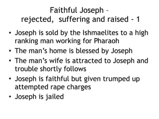 Some sad cases of women abuse
• Sarah gives her servant Hagar to Abram, then
deals harshly with Hagar when (as she planned
Hagar is with child)
• Dinah is raped
• Tamar is abused various ways (by Judah and
sons)
(Ironically there are two Tamar’s: one in
Genesis and one in 2 Sam 13 and both abused
by men different ways)
 