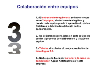 Colaboración entre equipos 1.- El  entrenamiento quincenal  se hace siempre entre  2 equipos,  aleatoriamente elegidos, y donde cada equipo puede ir aprendiendo de las fortalezas y debilidades del resto de los concursantes.  2.- Se declaran responsables en cada equipo de cuidar la promesa de colaboración y trabajo en equipo.  3.-  Talleres  vinculados al uso y apropiación de  tecnologías 2.0 .  4.- Nadie queda fuera por  no tener a la mano un computador . Aguas Antofagasta es 1 s óla empresa.  