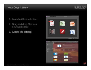 How Does it Work



    1. Launch AIR-based client
    2. Drag and drop files into
       new workspace
    3. Access the ...