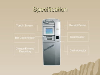 Specification Touch Screen Bar Code Reader Cheque/Envelop  Depository Receipt Printer Card Reader Cash Acceptor 