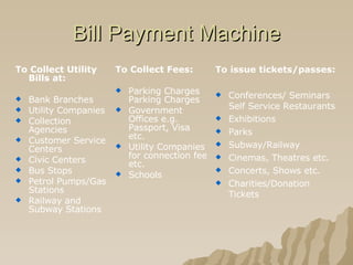 Bill Payment Machine To Collect Utility Bills at:  Bank Branches  Utility Companies  Collection Agencies  Customer Service Centers  Civic Centers  Bus Stops  Petrol Pumps/Gas Stations  Railway and Subway Stations To Collect Fees: Parking Charges Parking Charges  Government Offices e.g. Passport, Visa etc.  Utility Companies for connection fee etc.  Schools To issue tickets/passes: Conferences/ Seminars   Self Service Restaurants  Exhibitions  Parks  Subway/Railway  Cinemas, Theatres etc.  Concerts, Shows etc.  Charities/Donation Tickets   