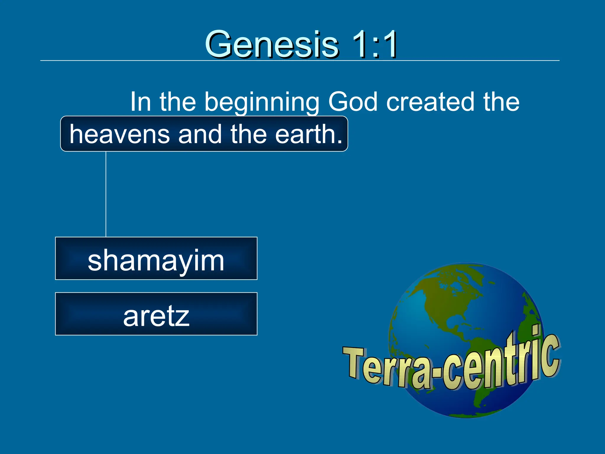Genesis 1:1
Genesis 1:1
In the beginning God created the
heavens and the earth.
shamayim
aretz
 