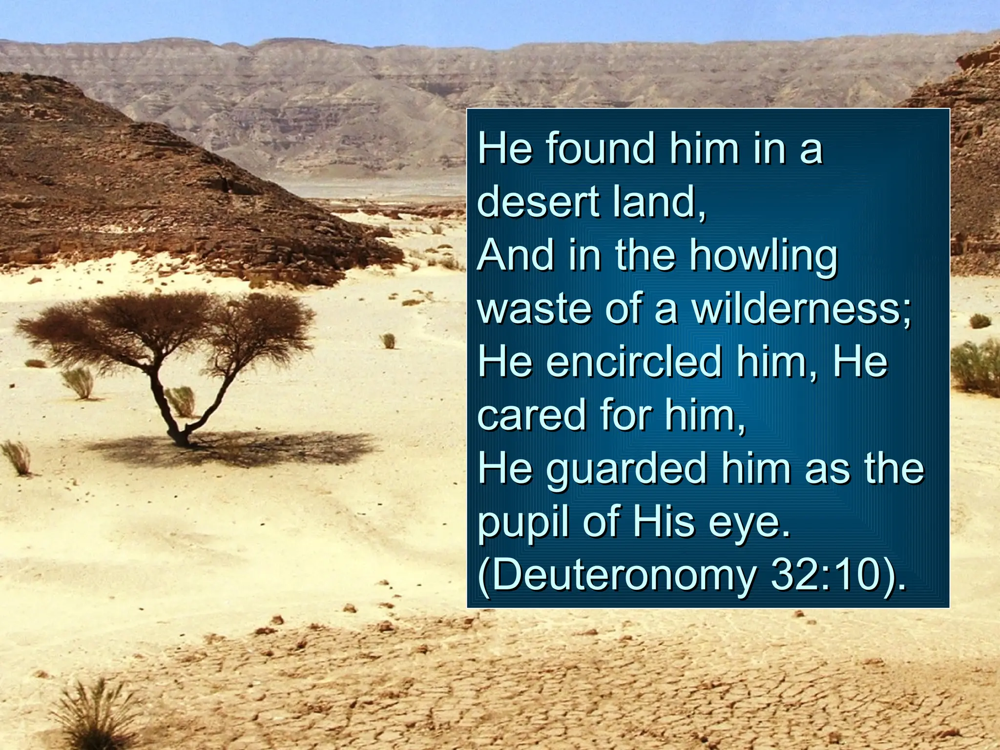 He found him in a
He found him in a
desert land,
desert land,
And in the howling
And in the howling
waste of a wilderness;
waste of a wilderness;
He encircled him, He
He encircled him, He
cared for him,
cared for him,
He guarded him as the
He guarded him as the
pupil of His eye.
pupil of His eye.
(Deuteronomy 32:10).
(Deuteronomy 32:10).
 