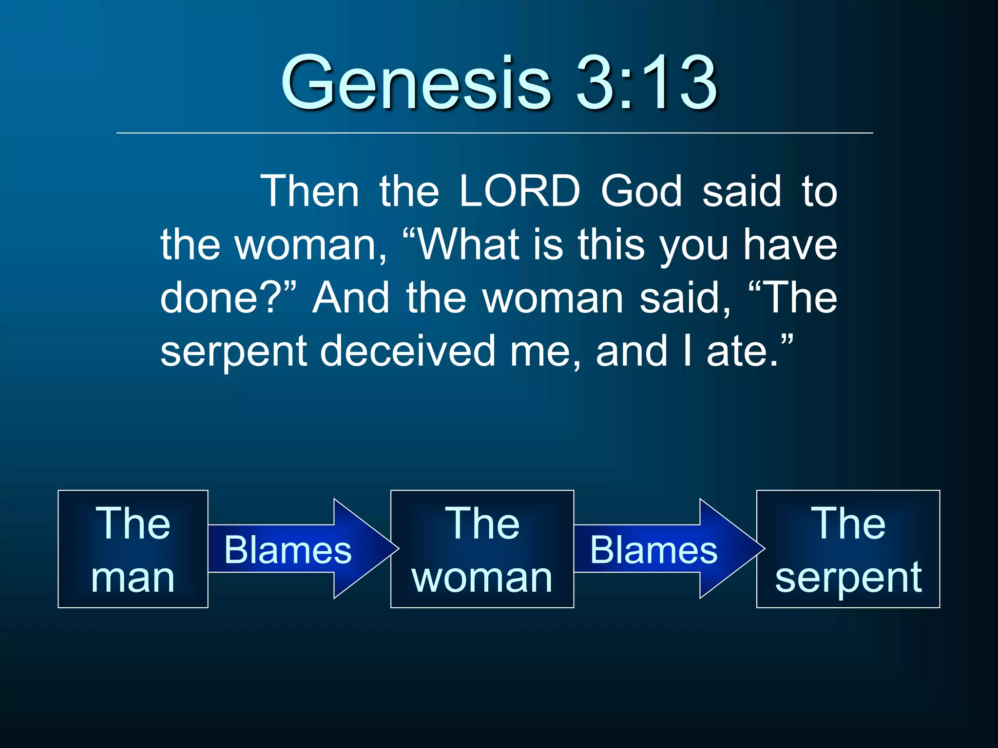 Genesis 3:13
Then the LORD God said to
the woman, “What is this you have
done?” And the woman said, “The
serpent deceived me, and I ate.”
The
man
The
woman
The
serpent
Blames Blames
 