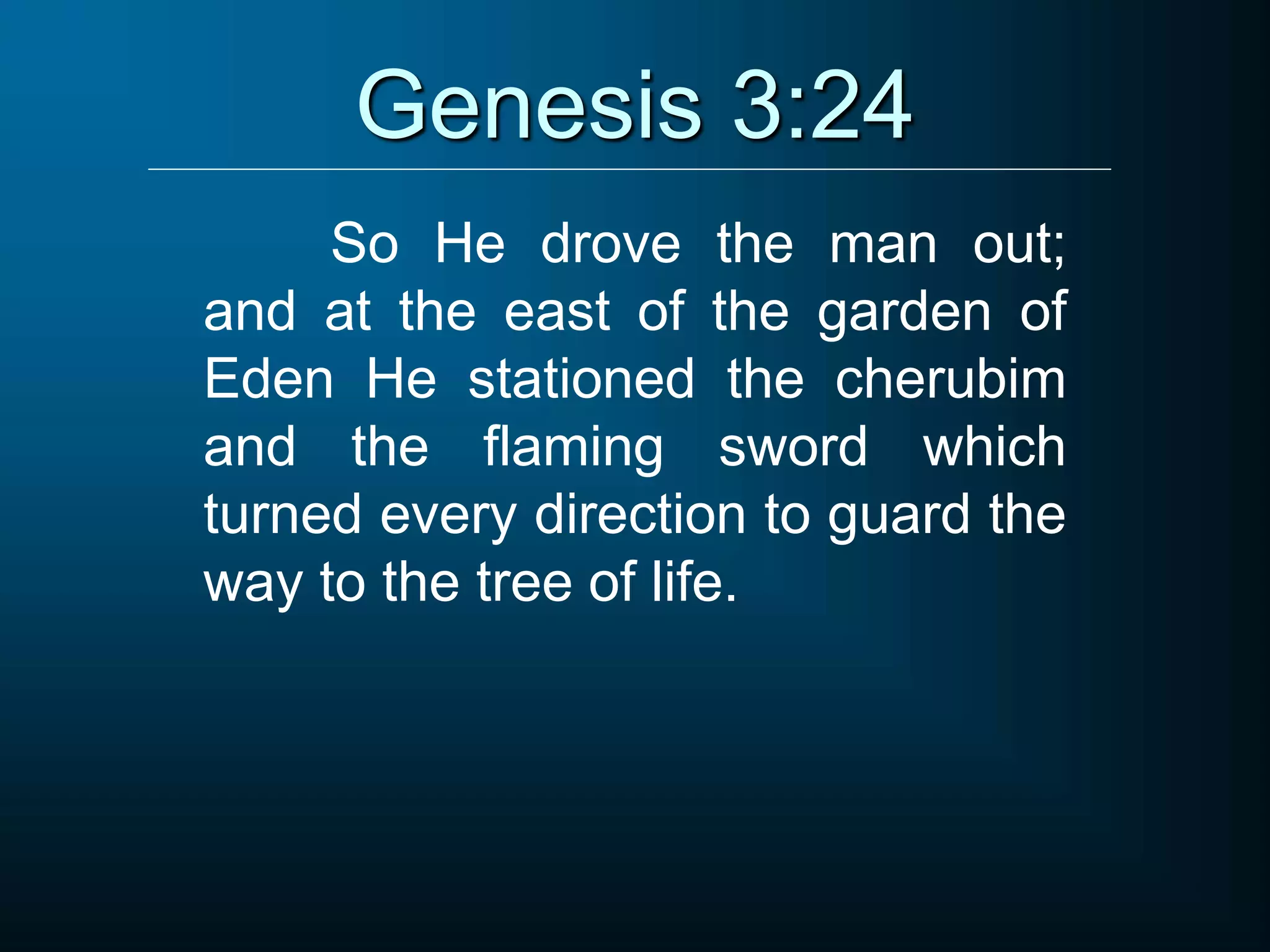 Genesis 3:24
So He drove the man out;
and at the east of the garden of
Eden He stationed the cherubim
and the flaming sword which
turned every direction to guard the
way to the tree of life.
 