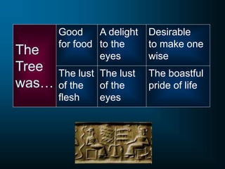The
Tree
was…
The lust
of the
flesh
Good
for food
The lust
of the
eyes
A delight
to the
eyes
The boastful
pride of life
Desirable
to make one
wise
 
