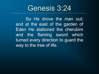 Genesis 3:24
So He drove the man out;
and at the east of the garden of
Eden He stationed the cherubim
and the flaming sword which
turned every direction to guard the
way to the tree of life.
 