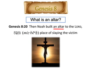 What is an altar?
Genesis 8:20 Then Noah built an altar to the LORD,
ַ‫ח‬ֵ‫ְב‬‫ז‬ ִ‫מ‬ (miz·bēaḥ) place of slaying the victim
 