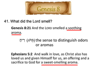 41. What did the Lord smell?
Genesis 8:21 And the LORD smelled a soothing
aroma.
ַ‫יח‬ ִ‫ר‬ (rîaḥ) the sense to distinguish odors
or aromas
Ephesians 5:2 And walk in love, as Christ also has
loved us and given Himself for us, an offering and a
sacrifice to God for a sweet-smelling aroma.
 