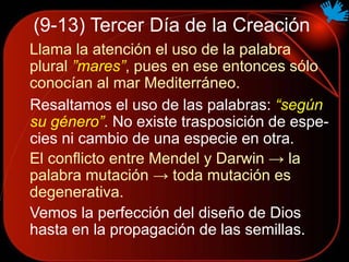 (9-13) Tercer Día de la Creación
Llama la atención el uso de la palabra
plural ”mares”, pues en ese entonces sólo
conocían al mar Mediterráneo.
Resaltamos el uso de las palabras: “según
su género”. No existe trasposición de espe-
cies ni cambio de una especie en otra.
El conflicto entre Mendel y Darwin → la
palabra mutación → toda mutación es
degenerativa.
Vemos la perfección del diseño de Dios
hasta en la propagación de las semillas.
 