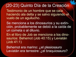 (20-23) Quinto Día de la Creación
Testimonio de un hombre que se caía
haciendo ala delta y se salvo siguiendo el
vuelo de un aguilucho.
Se menciona a los dinosaurios y su extin-
ción, probablemente se debió a la caída de
un cometa o al diluvio.
En el libro de Job se menciona a los dino-
saurios: Behemot (Job 40:15) y Leviatán
(Job 41:1)
Behemot era marino: ¿el plesiosauro
Leviatán era terrestre: ¿el braquiosauro?
 