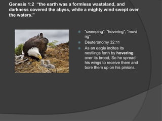Genesis 1:2 “the earth was a formless wasteland, and
darkness covered the abyss, while a mighty wind swept over
the waters.”
 “sweeping”, “hovering”, “movi
ng”
 Deuteronomy 32:11
 As an eagle incites its
nestlings forth by hovering
over its brood, So he spread
his wings to receive them and
bore them up on his pinions.
 