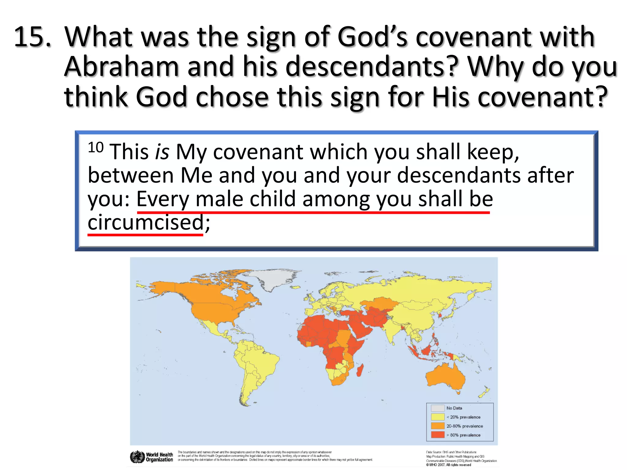 10 This is My covenant which you shall keep,
between Me and you and your descendants after
you: Every male child among you shall be
circumcised;
15. What was the sign of God’s covenant with
Abraham and his descendants? Why do you
think God chose this sign for His covenant?
 