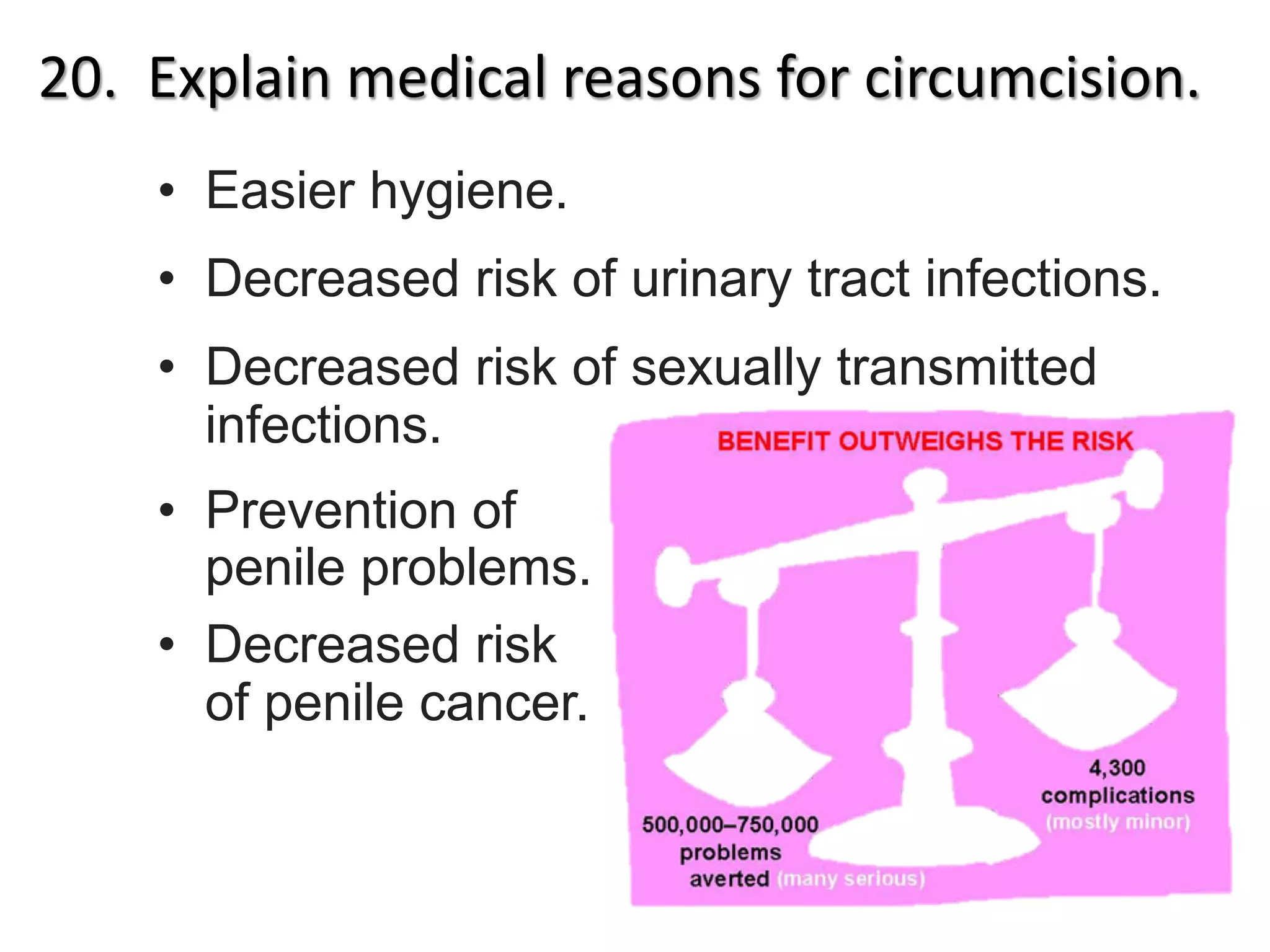 20. Explain medical reasons for circumcision.
• Easier hygiene.
• Decreased risk of urinary tract infections.
• Decreased risk of sexually transmitted
infections.
• Prevention of
penile problems.
• Decreased risk
of penile cancer.
 