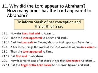 11. Why did the Lord appear to Abraham?
How many times has the Lord appeared to
Abraham?
To inform Sarah of her conception and
the birth of Isaac
12:1 Now the LORD had said to Abram…
12:7 Then the LORD appeared to Abram and said…
13:14 And the LORD said to Abram, after Lot had separated from him…
15:1 After these things the word of the LORD came to Abram in a vision...
18:1 Then the LORD appeared to him…
21:12 But God said to Abraham…
22:1 Now it came to pass after these things that God tested Abraham...
22:11 But the Angel of the LORD called to him from heaven and said…
 
