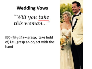 Wedding Vows
‫ל‬ָ‫ק‬ַ‫ח‬ (lā·qǎḥ) – grasp, take hold
of, i.e., grasp an object with the
hand
“Will you take
this woman…”
 
