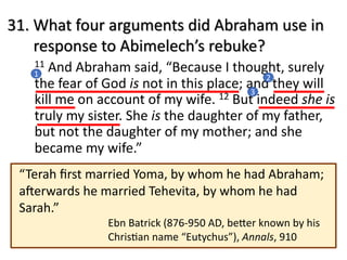 31. What four arguments did Abraham use in
response to Abimelech’s rebuke?
11 And Abraham said, “Because I thought, surely
the fear of God is not in this place; and they will
kill me on account of my wife. 12 But indeed she is
truly my sister. She is the daughter of my father,
but not the daughter of my mother; and she
became my wife.”
“Terah ﬁrst married Yoma, by whom he had Abraham;
aJerwards he married Tehevita, by whom he had
Sarah.”
Ebn Batrick (876-950 AD, beVer known by his
ChrisXan name “Eutychus”), Annals, 910
1 2
3
 
