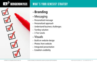 WHAT’S YOUR GENESIS? STRATEGY

                                                                 •  Branding
              ...