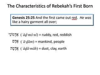 Genesis 25:25 And the first came out red. He was
like a hairy garment all over;
The Characteristics of Rebekah’s First Born
‫א‬ַ‫ד‬ְ‫מ‬‫וֹ‬‫ִנ‬‫י‬ (ʾǎḏ·mô·nî) = ruddy, red, reddish
‫א‬ָ‫ד‬ָ‫ם‬
‫א‬ֲ‫ד‬ָ‫מ‬ָ‫ה‬
(ʾā·ḏām) = mankind, people
(ʾǎḏā·māh) = dust, clay, earth
 