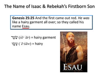The Name of Isaac & Rebekah’s Firstborn Son
Genesis 25:25 And the first came out red. He was
like a hairy garment all over; so they called his
name Esau.
‫ﬠ‬ֵ‫שׂ‬ָ‫ו‬ (ʿē·śāw) = hairy
(śē·ʿār) = hairy garment‫שׂ‬ֵ‫ﬠ‬ָ‫ר‬
 