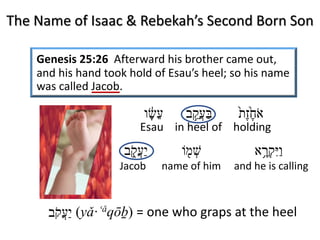 Genesis 25:26 Afterward his brother came out,
and his hand took hold of Esau’s heel; so his name
was called Jacob.
‫י‬ַ‫ﬠ‬ֲ‫ק‬ֹ‫ב‬ (yǎ·ʿǎqōḇ) = one who graps at the heel
‫א‬ֹ‫ח‬ֶ֙‫ז‬ֶ‫ת‬֙‫בּ‬ַ‫ﬠ‬ֲ‫ֵ֣ק‬‫ב‬‫ﬠ‬ֵ‫שׂ‬ָ֔‫ו‬
Esau in heel of holding
‫ו‬ַ‫ִיּ‬‫ק‬ְ‫ָ֥ר‬‫א‬‫שׁ‬ְ‫מ‬֖‫וֹ‬‫י‬ַ‫ﬠ‬ֲ‫ק‬ֹ֑‫ב‬
Jacob name of him and he is calling
The Name of Isaac & Rebekah’s Second Born Son
 