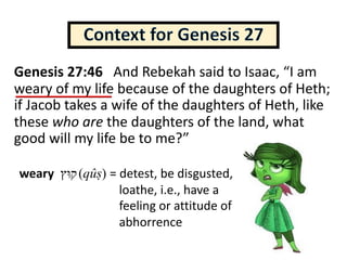weary (qûṣ) = detest, be disgusted,
loathe, i.e., have a
feeling or attitude of
abhorrence
Genesis 27:46 And Rebekah said to Isaac, “I am
weary of my life because of the daughters of Heth;
if Jacob takes a wife of the daughters of Heth, like
these who are the daughters of the land, what
good will my life be to me?”
‫ק‬‫וּ‬‫ץ‬
 