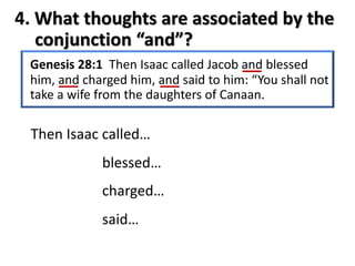 4. What thoughts are associated by the
conjunction “and”?
Genesis 28:1 Then Isaac called Jacob and blessed
him, and charged him, and said to him: “You shall not
take a wife from the daughters of Canaan.
Then Isaac called…
blessed…
charged…
said…
 