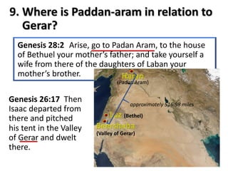 Genesis 28:2 Arise, go to Padan Aram, to the house
of Bethuel your mother’s father; and take yourself a
wife from there of the daughters of Laban your
mother’s brother.
9. Where is Paddan-aram in relation to
Gerar?
Genesis 26:17 Then
Isaac departed from
there and pitched
his tent in the Valley
of Gerar and dwelt
there.
(Padan Aram)
approximately 516.98 miles
 