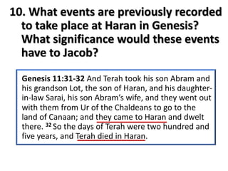 10. What events are previously recorded
to take place at Haran in Genesis?
What significance would these events
have to Jacob?
 