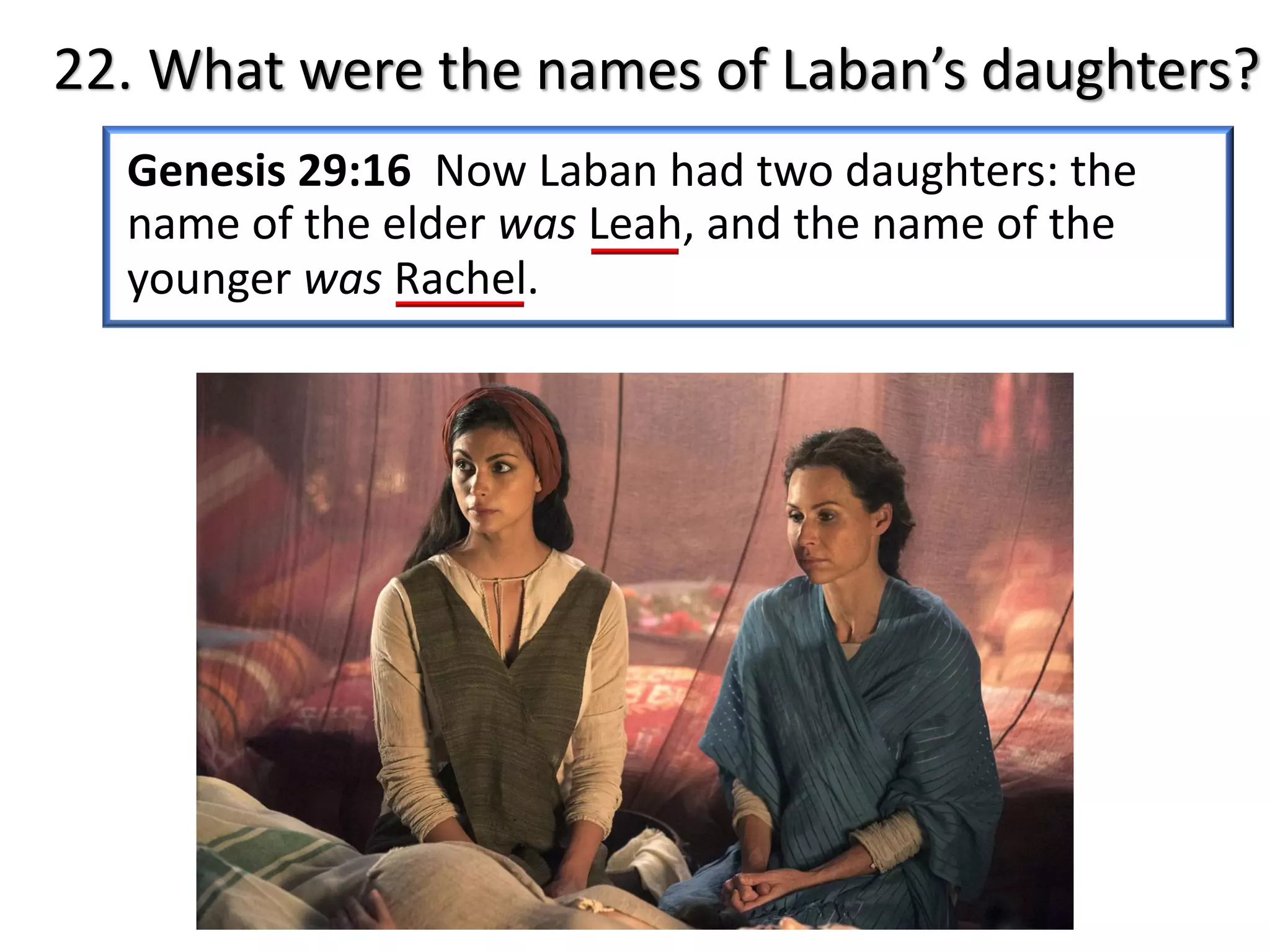 22. What were the names of Laban’s daughters?
Genesis 29:16 Now Laban had two daughters: the
name of the elder was Leah, and the name of the
younger was Rachel.
 