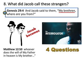 8. What did Jacob call these strangers?
Genesis 29:4 And Jacob said to them, “My brethren,
where are you from?”
Ma#hew 12:50 whoever
does the will of My Father
in heaven is My brother…”
1
Jacob
becomes
 