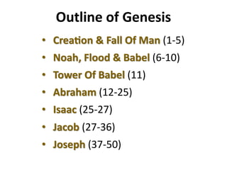 • Crea%on & Fall Of Man (1-5)
• Noah, Flood & Babel (6-10)
• Tower Of Babel (11)
• Abraham (12-25)
• Isaac (25-27)
• Jacob (27-36)
• Joseph (37-50)
Outline of Genesis
 