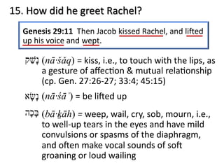 15. How did he greet Rachel?
Genesis 29:11 Then Jacob kissed Rachel, and lifted
up his voice and wept.
‫נ‬ָ‫שׁ‬ַ‫ק‬ (nā·šǎq) = kiss, i.e., to touch with the lips, as
a gesture of aﬀec6on & mutual rela6onship
(cp. Gen. 27:26-27; 33:4; 45:15)
‫נ‬ָ‫שׂ‬ָ‫א‬ (nā·śāʾ) = be liHed up
‫בּ‬ָ‫כ‬ָ‫ה‬ (bā·ḵāh) = weep, wail, cry, sob, mourn, i.e.,
to well-up tears in the eyes and have mild
convulsions or spasms of the diaphragm,
and oHen make vocal sounds of soH
groaning or loud wailing
 