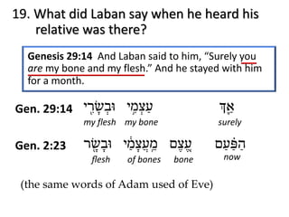 19. What did Laban say when he heard his
relative was there?
Genesis 29:14 And Laban said to him, “Surely you
are my bone and my flesh.” And he stayed with him
for a month.
(the same words of Adam used of Eve)
ﬂesh of bones bone
‫ﬠ‬ֶ֚‫צ‬ֶ‫ם‬‫מ‬ֵֽ‫ﬠ‬ֲ‫צ‬ָ‫מ‬ַ֔‫י‬‫וּ‬‫ב‬ָ‫שׂ‬ָ֖‫ר‬ ‫ה‬ַ‫פּ‬ַ֗‫ﬠ‬ַ‫ם‬
now
‫א‬ַ֛‫ְך‬‫ﬠ‬ַ‫צ‬ְ‫מ‬ִ֥‫י‬‫וּ‬‫ב‬ְ‫שׂ‬ָ‫ִ֖ר‬‫י‬
my flesh my bone
Gen. 2:23
surely
Gen. 29:14
 