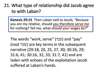21. What type of relationship did Jacob agree
to with Laban?
Genesis 29:15 Then Laban said to Jacob, “Because
you are my rela@ve, should you therefore serve me
for nothing? Tell me, what should your wages be?”
The words “work, serve” ( ‫ע‬‫ב‬‫ד‬ ) and “pay”
(root ‫שׂ‬‫כ‬‫ר‬ ) are key terms in the subsequent
narrative (29:18, 20, 25, 27, 30; 30:26, 29;
31:6, 41; 30:16, 32, 33; 31:7, 41) and are
laden with echoes of the exploitation Jacob
suffered at Laban’s hands.
 