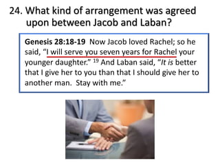 24. What kind of arrangement was agreed
upon between Jacob and Laban?
 