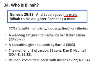 34. Who is Bilhah?
‫בּ‬ִ‫ל‬ְ‫ה‬ָ‫ה‬ (bil·hāh) = simplicity, modesty, timid, or faltering
• A wedding gi) given to Rachel by her father Laban
(29:28-29)
• A concubine given to Jacob by Rachel (30:3)
• The mother of 2 of Jacob’s 12 sons: Dan & Naphtali
(30:4-8; 35:25).
• Reuben, commiPed incest with Bilhah (35:22; 49:3-4)
 