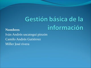 Nombres
Iván Andrés uscategui pinzón
Camilo Andrés Gutiérrez
Miller José rivera
 