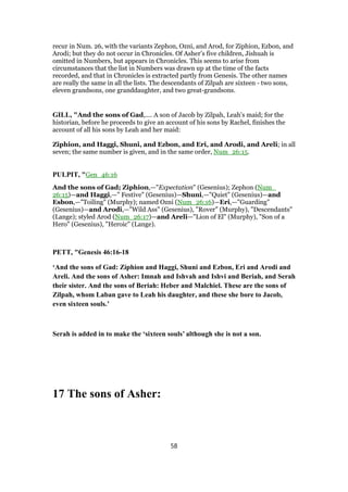 recur in Num. 26, with the variants Zephon, Ozni, and Arod, for Ziphion, Ezbon, and
Arodi; but they do not occur in Chronicles. Of Asher’s five children, Jishuah is
omitted in Numbers, but appears in Chronicles. This seems to arise from
circumstances that the list in Numbers was drawn up at the time of the facts
recorded, and that in Chronicles is extracted partly from Genesis. The other names
are really the same in all the lists. The descendants of Zilpah are sixteen - two sons,
eleven grandsons, one granddaughter, and two great-grandsons.
GILL, "And the sons of Gad,.... A son of Jacob by Zilpah, Leah's maid; for the
historian, before he proceeds to give an account of his sons by Rachel, finishes the
account of all his sons by Leah and her maid:
Ziphion, and Haggi, Shuni, and Ezbon, and Eri, and Arodi, and Areli; in all
seven; the same number is given, and in the same order, Num_26:15.
PULPIT, "Gen_46:16
And the sons of Gad; Ziphion,—"Expectation" (Gesenius); Zephon (Num_
26:15)—and Haggi,—" Festive" (Gesenius)—Shuni,—"Quiet" (Gesenius)—and
Esbon,—"Toiling" (Murphy); named Ozni (Num_26:16)—Eri,—"Guarding"
(Gesenius)—and Arodi,—"Wild Ass" (Gesenius), "Rover" (Murphy), "Descendants"
(Lange); styled Arod (Num_26:17)—and Areli—"Lion of El" (Murphy), "Son of a
Hero" (Gesenius), "Heroic" (Lange).
PETT, "Genesis 46:16-18
‘And the sons of Gad: Ziphion and Haggi, Shuni and Ezbon, Eri and Arodi and
Areli. And the sons of Asher: Imnah and Ishvah and Ishvi and Beriah, and Serah
their sister. And the sons of Beriah: Heber and Malchiel. These are the sons of
Zilpah, whom Laban gave to Leah his daughter, and these she bore to Jacob,
even sixteen souls.’
Serah is added in to make the ‘sixteen souls’ although she is not a son.
17 The sons of Asher:
58
 