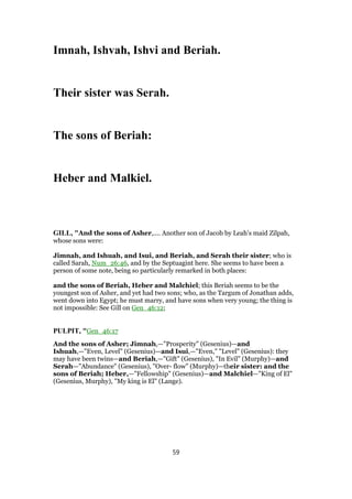Imnah, Ishvah, Ishvi and Beriah.
Their sister was Serah.
The sons of Beriah:
Heber and Malkiel.
GILL, "And the sons of Asher,.... Another son of Jacob by Leah's maid Zilpah,
whose sons were:
Jimnah, and Ishuah, and Isui, and Beriah, and Serah their sister; who is
called Sarah, Num_26:46, and by the Septuagint here. She seems to have been a
person of some note, being so particularly remarked in both places:
and the sons of Beriah, Heber and Malchiel; this Beriah seems to be the
youngest son of Asher, and yet had two sons; who, as the Targum of Jonathan adds,
went down into Egypt; he must marry, and have sons when very young; the thing is
not impossible: See Gill on Gen_46:12;
PULPIT, "Gen_46:17
And the sons of Asher; Jimnah,—"Prosperity" (Gesenius)—and
Ishuah,—"Even, Level" (Gesenius)—and Isui,—"Even," "Level" (Gesenius): they
may have been twins—and Beriah,—"Gift" (Gesenius), "In Evil" (Murphy)—and
Serah—"Abundance" (Gesenius), "Over- flow" (Murphy)—their sister: and the
sons of Beriah; Heber,—"Fellowship" (Gesenius)—and Malchiel—"King of El"
(Gesenius, Murphy), "My king is El" (Lange).
59
 