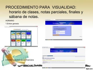 PROCEDIMIENTO PARA VISUALIDAD:
horario de clases, notas parciales, finales y
sábana de notas.
HORARIO
1.Entrar genesis
2 Entrar a alumno ayuda financiera
 