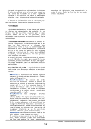 Génesis - Procesos pedogenéticos fundamentales
10
ción está asociada con las inundaciones controladas
de algunos cultivos como el arroz, que ocasionan
pro- cesos de reducción en la capa superficial
saturada y de oxidación del hierro y manganeso
reducidos y mo- vilizados en el subsuelo insaturado.
En función de los diferentes tipos de saturación pue-
den diferenciarse los siguientes tipos de evolución:
PSEUDOGLEY
Este proceso se desarrolla en los suelos que poseen
un régimen de episaturación. La evolución de los
horizon- tes de superficie, ocupados por la capa
freática, difiere de la de los profundos, poco
permeables, que constituyen el piso (hidroapoyo), de la
capa de agua.
Condiciones del medio: Se trata de un proceso in-
trazonal condicionado fundamentalmente por el re-
lieve, de tipo subnormal o cóncavo, con
escurrimiento lento o nulo. La estratificación de
materiales de dife- rente permeabilidad favorece el
proceso y los tipos de evolución que generan
horizontes o formaciones de menor permeabilidad
(iluviación), pueden desencade- nar este proceso
como evolución secundaria.
Se produce en todos los climas que sean lo suficien-
temente húmedos como para generar, por lo menos
localmente, excesos temporarios de agua. La vegeta-
ción puede ser variada, pero con predominio de plan-
tas higrófilas.
Organización del perfil: La organización del perfil
está sujeta a los siguientes cambios o reordena-
mientos:
Adiciones: La acumulación de materia orgánica
juega un rol importante en la reducción y movili-
zación del Fe y del Mn.
Transformaciones: El proceso de oxido
reducción es importante. Durante el período de
saturación se produce la reducción y movilización
parcial del Fe y el Mn, seguidos durante el
período de instaura- ción por la reoxidación y
precipitación localizada, en forma de manchas
herrumbrosas o de concre- ciones. También son
reducidos los NO3 , S y P.
Transferencias: Los complejos órganos
metálicos
solubles de Fe y Mn migran en cortas distancias,
donde si se dan condiciones de aireación son bio-
degradados y reoxidados, precipitando a lo largo
de los canales radicales o en la superficie de los
agregados, formando moteados o concreciones,
pardo herrumbrosas y negras que constituyen las
características morfológicas que caracterizan al
pseudogley (horizonte g en la simbología
francesa, subíndice g en la norteamericana).
Remociones: Se produce la remoción total de las
sales solubles y total o parcial del CaCO3.
El horizonte correspondiente al piso de la capa de
agua, menos reductor, puede estar atravesado
por una red vertical de vetas blanquecinas
bordeadas de herrumbre, que corresponden a
zonas de circu- lación preferencial de las aguas
ácidas y reductoras.
 