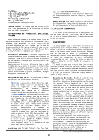 Génesis - Procesos pedogenéticos fundamentales
11
Perfil típo:
A Bwg1 Bwg2 Cg (A1GoGr1Gr2)*
A Bwg Cg (A1Gr1Gr2)*
A Cg (A1Gr)*
O A Bwg Cg (OA1GrGr)*
O A Cg (OA1Gr)*
*Corresponde a la simbología francesa.
Suelos típicos: Los suelos gley se ubican en los
mis- mos subórdenes de la Taxonomía de Suelos
que los suelos pseudogley.
HIDROMORFÍA EN MATERIALES ORGÁNICOS.
TURBAS
Las turberas se forman en el interior de las capas de
agua permanentes, muy reductoras y sometidas a osci-
laciones muy pequeñas. En estas condiciones la
actividad biológica es muy escasa, por lo que la
descomposición de la materia orgánica fresca es muy
lenta e incompleta y la humificación débil, lo que lleva
a su acumulación en capas de gran espesor.
Condiciones del medio: Se trata de un proceso de
intrazonalidad que puede realizarse prácticamente en
cualquier clima, aún en regiones áridas, a condición
de que haya un exceso de agua que puede tener dis-
tintos orígenes.
Las condiciones de relieve y el material madre, en la
medida que favorezcan el proceso de hidromorfía,
condicionan el proceso. Los climas fríos y muy húme-
dos son igualmente favorables. La vegetación es hi-
grófila especializada de juncos, ciperáceas, musgos
del género Sphagnum, etc.
Organización del perfil: Los siguientes procesos
contribuyen a la diferenciación del perfil:
Adiciones: La acumulación de los depósitos orgá-
nicos está condicionada por la cantidad que
aporta la vegetación y la velocidad de
descomposición del material orgánico,
condicionada esta última por la condición
climática y por la disponibilidad de oxí- geno.
Transformaciones: La paludización corresponde
al proceso de acumulación que es un balance
entre los aportes y las pérdidas. Este proceso es
más ge- ogénico que pedológico, pues
corresponde a una acumulación de un material
de suelo inicial. Los subsecuentes cambios
pedológicos de naturaleza química, física y
biológica, corresponden al proceso de
maduración. Este proceso, según sea su grado de
evolución, produce tres clases de materiales de
suelos orgánicos: fíbrico (Oi), hémico (Oe) y sá-
prico (Oa), de acuerdo al grado de
descomposición de la materia vegetal original.
El fíbrico corres- ponde al material menos
descompuesto y el sá- prico al más.
Estos procesos llevan a la diferenciación del
epipe- don hístico u horizontes O.
Perfil tipo: Oi1 Oi2 Oi3 Oi4 2C - Oap Oe1 Oe2
Oe3 Oi - Oa1 Oa2 Oa3 Oa4 Oa5
Los que corresponden a suelos orgánicos dominados
por materiales fíbricos, hémicos y sápricos, respecti-
vamente.
Suelos típicos: Los suelos resultantes del proceso
de paludización y maduración corresponden al orden
de los Histosoles de la Taxonomía de Suelos.
SALINIZACIÓN SODIZACIÓN
El ión sodio puede intervenir en la pedogénesis ya
sea en forma de sales (salinización), ya sea en forma
de ca- tión de cambio (sodización), o simultáneamente
en las dos formas.
SALINIZACIÓN
Las sales solubles sólo se encuentran en condiciones
significativas en las regiones áridas y semiáridas en las
cuales se acumulan en cantidad suficiente como para al-
terar el crecimiento de las plantas no halófilas, debido a
que la precipitación anual es insuficiente para
removerlas o debido a que las aguas freáticas cargadas
de sales se encuentran a poca profundidad,
enriqueciendo los hori- zontes del suelo por ascenso
capilar y posterior precipi- tación al producirse la
evaporación.
Las sales solubles más comunes son sales neutras
como los sulfatos y cloruros de sodio, potasio, calcio y
magnesio. Los suelos resultantes se encuentran flocula-
dos y de reacción química cercana a la neutralidad (pH
< 8,5).Se los denomina Solanchak, suelos salinos o
suelos a salitre blanco.
Condiciones del medio: Desde el punto de vista
ecológico las condiciones necesarias para la
ocurrencia del proceso de salinización son: Un clima
con balance hídrico negativo (P < Etp), que
corresponda a un ré- gimen epipercolativo la mayor
parte del año. Por esta razón los suelos salinos se
encuentran principalmente en los climas de
estepa, subdesiertos o tropicales secos. En climas
húmedos y sobre materiales de buena
permeabilidad las sales solubles son eliminadas
rápidamente; un relieve subnormal, chato o cóncavo,
que recibe los lavados de las áreas más elevadas y/o
crean las condiciones para la presencia de una capa
freática enriquecida en sales solubles; materiales ori-
ginales ya enriquecidos en sales, o ricos en minerales
que por alteración producen sales sódicas (albita, oli-
goclasa, nefelina, etc.), o poco permeables que impi-
dan el lixiviado de las sales (esta última condición
determina la existencia de suelos salinos en regiones
de climas más húmedos).
Las condiciones de relieve y de material original
cons- tituyen factores locales, de la estación, que
confieren al proceso de salinidad el carácter de
intrazonalidad. La vegetación corresponde a una
comunidad especia- lizada de plantas halófilas como
Suaeda sp. (jume), Atriplex sp. (cachiyuyo),
Salicornia sp., etc., que en la medida que la
salinidad crece disminuye su cobertura.
 