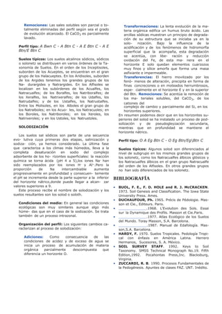 Remociones: Las sales solubles son parcial o to-
talmente eliminadas del perfil según sea el grado
de evolución alcanzado. El CaCO3 es parcialmente
lavado.
Perfil tipo: A Bwn C - A Btn C - A E Btn C - A E
Btn/E Btn C
Suelos típicos: Los suelos alcalinos sódicos, sódicos
o solonetz se distribuyen en varios órdenes de la Ta-
xonomía de Suelos. En el orden de los Inceptisoles,
suborden de los Acueptes, se encuentran en el gran
grupo de los Halacueptes. En los Aridisoles, suborden
de los Argides tenemos los grandes grupos de los
Na- durargides y Natrargides. En los Alfisoles se
localizan en los subórdenes de los Acualfes, los
Natracualfes; de los Boralfes, los Natriboralfes; de
los Xeralfes, los Natrixeralfes; de los Udalfes, los
Natrudalfes; y de los Ustalfes, los Natrustalfes.
Entre los Molisoles, en los Alboles el gran grupo de
los Natralboles; en los Acuo- les, los Natracuoles; en
los Boroles, los Natriboroles; en los Xeroles, los
Natrixeroles; y en los Ustoles, los Natrustoles.
SOLODIZACIÓN
Los suelos sal sódicos son parte de una secuencia
evo- lutiva cuya primeras dos etapas, salinización y
sodiza- ción, ya hemos considerado. La última fase
que caracteriza a los climas más húmedos, lleva a la
completa desaturación en sodio del complejo
adsorbente de los ho- rizontes superficiales: la reacción
química se torna ácida (pH 4 a 5),los iones Na+
han
sido reemplazados por los iones H+
y Al3+
.Pero la
proporción de Na intercambiable aumenta
progresivamente en profundidad y consecuen- temente
el pH se incrementa desde la parte superior a la inferior
del horizonte nátrico,donde puede llegar a alcan- zar
valores superiores a 9.
Este proceso recibe el nombre de solodización y los
suelos resultantes son los solod o soloth.
Condiciones del medio: En general las condiciones
ecológicas son muy similares aunque algo más
húme- das que en el caso de la sodización. Se trata
también de un proceso intrazonal.
Organización del perfil: Los siguientes cambios ca-
racterizan al proceso de solodización:
Adiciones: Como consecuencia de las
condiciones de acidez y de exceso de agua se
inicia un proceso de acumulación de materia
orgánica parcialmente descompuesta que
diferencia un horizonte O.
Transformaciones: La lenta evolución de la ma-
teria orgánica edifica un humus bruto ácido. Las
arcillas sódicas muestran un principio de degrada-
ción de su estructura que se iniciaba ya en la
solo- nización. Bajo la influencia de la
acidificación y de los fenómenos de hidromorfía
superficial que la acompaña, esta degradación
se acentúa, con libe- ración y reducción
oxidación del Fe, de esta ma- nera en el
horizonte E solo quedan elementos cuarzozos
muy finos y sílice amorfa que forma una masa
asfixiante e impermeable.
Transferencias: El hierro movilizado por los
fenó- menos de alteración, precipita en forma de
finas concreciones o en moteados herrumbrosos,
espe- cialmente en el horizonte E y en la superior
del Btn. Remociones: Se acentúa la remoción de
los ma- teriales solubles, del CaCO3, de los
cationes del
complejo de cambio y parcialmente del Si, en los
horizontes superiores.
En resumen podemos decir que en los horizontes su-
periores del solod se ha instalado un proceso de pod-
solización y de pseudogleyzación secundaria,
mientras que en profundidad se mantiene el
horizonte nátrico.
Perfil tipo: O A Eg Btn C - O Eg Btn/EgBtn C
Suelos típicos: Algunos solod son diferenciados al
nivel de subgrupo en los mismos grandes grupos de
los solonetz, como los Natracualfes álbicos glósicos y
los Natracualfes álbicos en el gran grupo Natracualfe
del orden de los Alfisoles. En otros grandes grupos
no han sido diferenciados de los solonetz.
BIBLIOGRAFÍA
• BUOL, F. E., F. D. HOLE and R. J. McCRACKEN.
1973. Soil Genesis and Classification. The Iowa State
University Press. Ames.
• DUCHAUFOUR, Ph. 1965. Précis de Pédologie. Mas-
son et Cie., Editeurs. Paris.
• .1968. L'Evolution des Sols. Essai
sur la Dynamique des Profils. Masson et Cie.Paris.
• .1977. Atlas Ecológico de los Suelos
del Mundo. Toray Masson, S.A. Barcelona.
• .1987. Manual de Edafología. Mas-
son,S.A. Barcelona.
• HARDY, F. 1970. Suelos Tropicales. Pedología Tropi-
cal con énfasis en América Latina. Herrero
Hermanos, Sucesores, S. A. México.
• SOIL SURVEY STAFF. 1992. Keys to Soil
Taxonomy. SMSS Technical Monograph No.19. Fifth
Edition,1992. Pocahontas Press,Inc. Blacksburg,
Virginia.
• ZUCCARDI, R. B. 1990. Procesos Fundamentales de
la Pedogénesis. Apuntes de clases FAZ. UNT. Inédito.
 