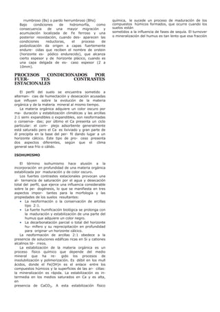 rrumbroso (Bs) o pardo herrumbroso (Bhs)
Bajo condiciones de hidromorfía, como
consecuencia de una mayor migración y
acumulación localizada de Fe ferroso y una
posterior reoxidación, cuando des- aparecen las
condiciones reductoras, el proceso de
podzolización da origen a capas fuertemente
endure- cidas que reciben el nombre de orstein
(horizonte es- pódico endurecido), que alcanza
cierto espesor y de horizonte plácico, cuando es
una capa delgada de es- caso espesor (2 a
10mm).
PROCESOS CONDICIONADOS POR
FUER- TES CONTRASTES
ESTACIONALES
El perfil del suelo se encuentra sometido a
alternan- cias de humectación y desecación acusadas
que influyen sobre la evolución de la materia
orgánica y de la materia mineral al mismo tiempo.
La materia orgánica adquiere un color oscuro por
ma- duración y estabilización climáticas y las arcillas
2:1 semi expandibles o expandibles, son neoformadas
o conserva- das; por último el Ca presenta un ciclo
particular: el com- plejo adsorbente generalmente
está saturado pero el Ca es lixiviado y gran parte de
él precipita en la base del per- fil dando lugar a un
horizonte cálcico. Este tipo de pro- ceso presenta
dos aspectos diferentes, según que el clima
general sea frío o cálido.
ISOHUMISMO
El término isohumismo hace alusión a la
incorporación en profundidad de una materia orgánica
estabilizada por maduración y de color oscuro.
Los fuertes contrastes estacionales provocan una
al- ternancia de saturación por el agua y desecación
total del perfil, que ejerce una influencia considerable
sobre la pe- dogénesis, lo que se manifiesta en tres
aspectos impor- tantes para la morfología y las
propiedades de los suelos resultantes:
• La neoformación o la conservación de arcillas
tipo 2:1.
• La fuerte humificación biológica se prolonga con
la maduración y estabilización de una parte del
humus que adquiere un color negro.
• La decarbonatación parcial o total del horizonte
hu- mífero y su reprecipitación en profundidad
para originar un horizonte cálcico.
La neoformación de arcillas 2:1 obedece a la
presencia de soluciones edáficas ricas en Si y cationes
alcalinos té- rreos.
La estabilización de la materia orgánica es un
proceso físico químico que depende del medio
mineral que ha re- gido los procesos de
insolubilización y polimerización. Es débil en los mull
ácidos, donde el Fe(OH)n es el enlace entre los
compuestos húmicos y la superficies de las ar- cillas:
la mineralización es rápida. La estabilización es in-
termedia en los medios saturados en Ca y es alta,
en
presencia de CaCO3. A esta estabilización físico
química, le sucede un proceso de maduración de los
compuestos húmicos formados, que ocurre cuando los
suelos están
sometidos a la influencia de fases de sequía. El turnover
o mineralización del humus es tan lento que esa fracción
 