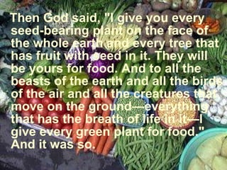 Then God said, "I give you every seed-bearing plant on the face of the whole earth and every tree that has fruit with seed in it. They will be yours for food. And to all the beasts of the earth and all the birds of the air and all the creatures that move on the ground—everything that has the breath of life in it—I give every green plant for food." And it was so.   
