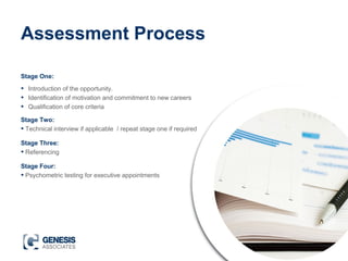 Assessment Process
Stage One:
• Introduction of the opportunity.
• Identification of motivation and commitment to new careers
• Qualification of core criteria
Stage Two:
• Technical interview if applicable / repeat stage one if required
Stage Three:
• Referencing
Stage Four:
• Psychometric testing for executive appointments
 