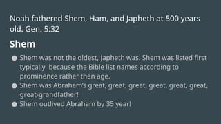 Noah fathered Shem, Ham, and Japheth at 500 years
old. Gen. 5:32
Shem
● Shem was not the oldest, Japheth was. Shem was listed first
typically because the Bible list names according to
prominence rather then age.
● Shem was Abraham’s great, great, great, great, great, great,
great-grandfather!
● Shem outlived Abraham by 35 year!
 